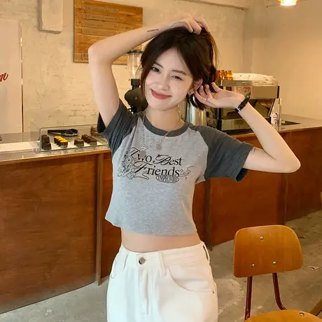 撞色插肩短袖T恤女夏装修身显瘦短款半袖打底衫潮牌港味chic上衣商品大图