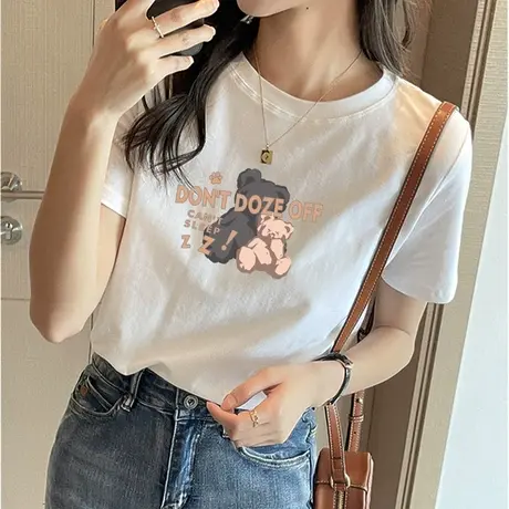 潮牌小熊白色t恤女上衣2023新款夏季韩版纯棉短袖宽松半袖体恤衫图片