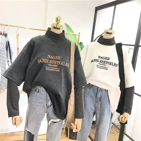 百搭简约刺绣字母拼接条纹高领假两件宽松长袖T恤女打底衫上衣服商品大图