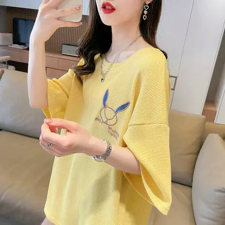 小众设计感小个子短袖t恤女夏装韩版宽松大码中长款华夫格上衣服图片