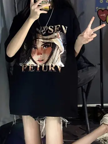 美式复古t恤女大码oversize小众国潮牌短袖ins潮胖mm宽松显瘦上衣商品大图