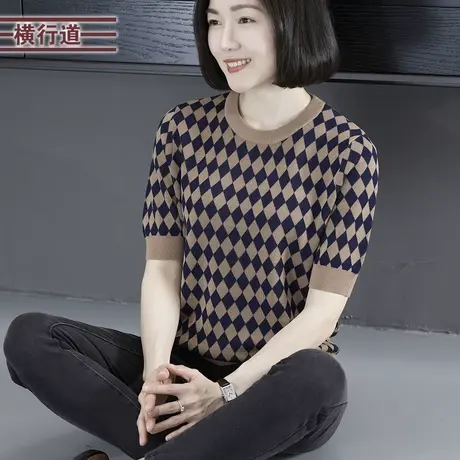 2024新款夏装圆领菱格宽松针织短袖女装大码妈妈休闲简约洋气上衣商品大图