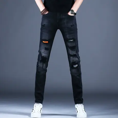 2023新款破洞牛仔裤男款弹力乞丐裤子男士休闲男裤烟灰色修身小脚商品大图