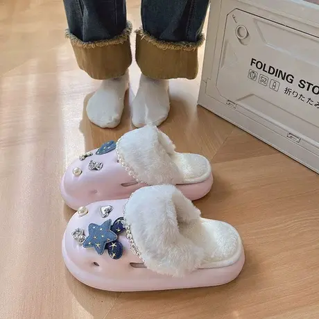 洞洞鞋女加绒加厚外穿2023冬款厚底增高可爱少女心包头保暖棉拖鞋商品大图