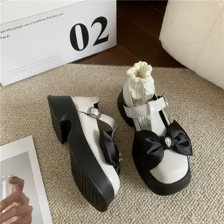 白色厚底蝴蝶结可爱网红法式玛丽珍鞋女春夏季配裙子英伦风复古单商品大图