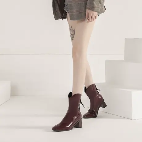 粗跟法式小短靴子女2024年春秋新款单靴冬季方头及裸靴漆皮高跟鞋图片