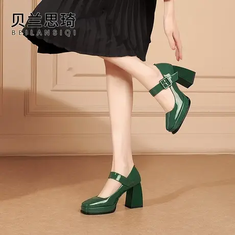 真漆皮方头一字带厚底粗跟单鞋女2024春季新款欧美防水台高跟鞋图片
