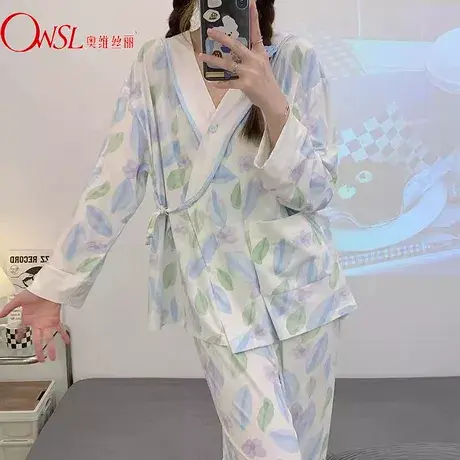 月子服带胸垫莫代尔孕妇睡衣女春秋季长袖产后哺乳家居服商品大图