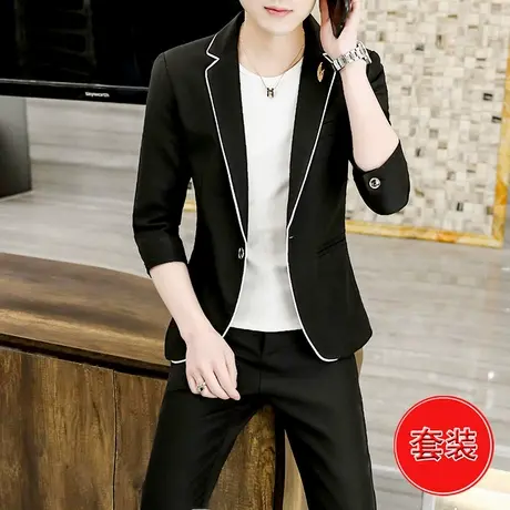 夏季时尚七分袖西服外套男士潮流韩版帅气中袖工装小西装礼服套装图片