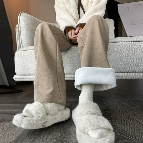 加绒雪尼尔阔腿裤女秋冬高腰加厚条绒灯芯绒咖色休闲直筒西装裤子商品大图