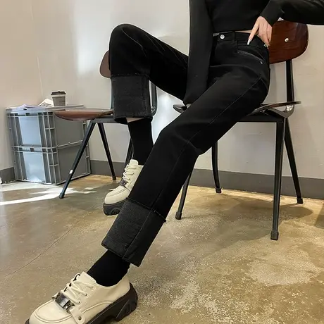 黑色卷边直筒牛仔裤女秋冬新款加绒加厚小个子高腰翻边拼接烟管裤图片