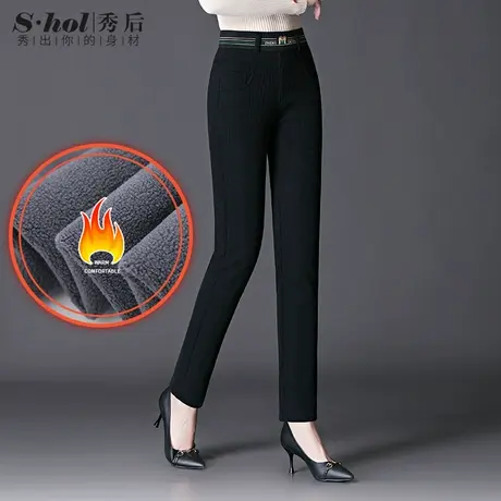 秀后灯芯绒女裤2023冬季新款高腰显瘦加绒加厚直筒裤松紧腰棉裤子图片