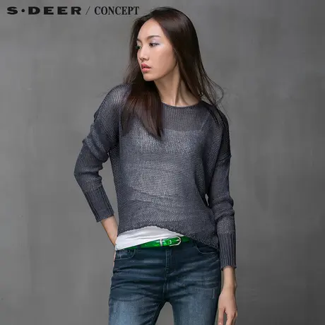 sdeer圣迪奥女装蓝色落肩个性摆针织衫S15183575🌏图片