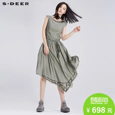 sdeer圣迪奥女装夏装文艺复古珠片分割腰带不规则连衣裙S16281207图片