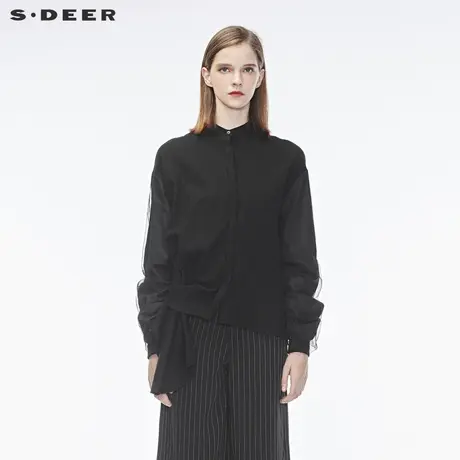 sdeer圣迪奥极简休闲圆领暗门襟网纱拼接长袖上衣衬衫女S18380548图片