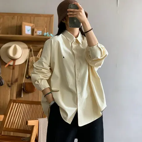 dza 复古纯色全棉加厚加绒衬衫外套女冬季新款宽松上衣polo领衬衣商品大图