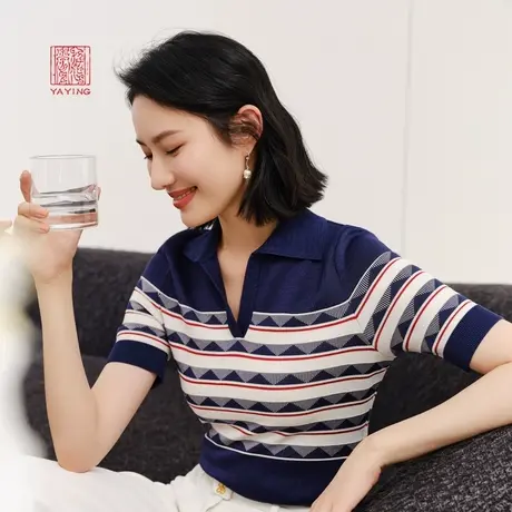 EP雅莹高端系列 气质修身polo领提花中袖针织衫2023新款9502A图片