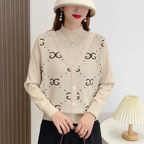 半高领假两件毛衣女内搭2023秋冬新款软糯提花针织打底衫宽松上衣商品大图