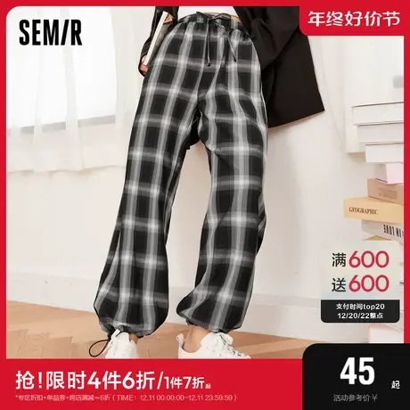 森马格子裤女夏季直筒裤黑白运动卫裤宽松格纹阔腿裤休闲工装长裤商品大图