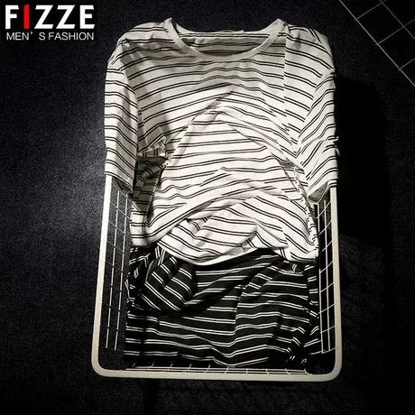短袖男士t恤圆领夏季2023新款宽松韩版潮流条纹五分袖体恤衫衣服商品大图