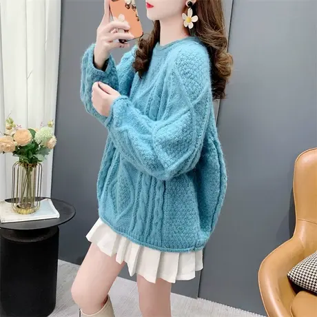 复古加厚圆领麻花毛衣女套头2023冬季新款韩版宽松百搭针织衫上衣商品大图