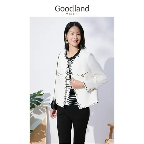 *【小香风】Goodland女装2022冬季上衣修身撞色饰边短外套上衣商品大图