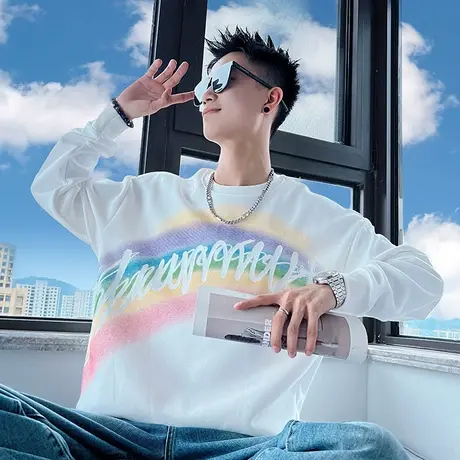 秋季休闲卫衣男个性美式复古长袖T恤潮ins彩虹印花高级感外套上衣商品大图