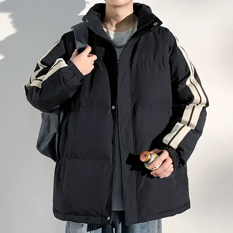 立领棉服男秋冬季新款加厚保暖防寒服潮牌条纹面包服棉衣冬装外套图片