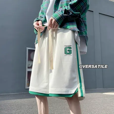 潮牌运动短裤男夏季宽松健身篮球五分裤港风美式撞色冰丝休闲裤子商品大图