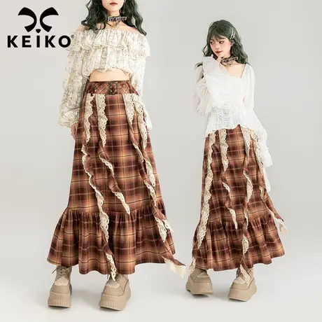 KEIKO [赠腰带] 蕾丝飘带格子半身裙24春夏高腰显瘦荷叶边A字长裙图片