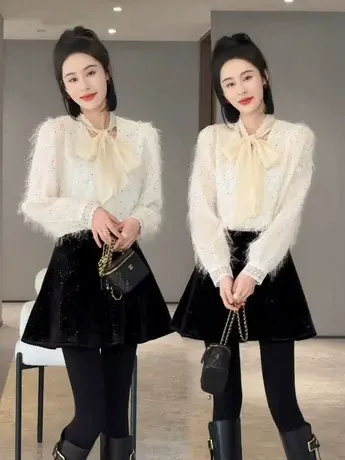 高级感法式小众亮片衬衫女春装新款设计感泡泡袖蝴蝶结流苏上衣女商品大图