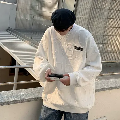 2023新款简约字母设计感慵懒风卫衣男圆领秋冬季宽松外套ins超火商品大图