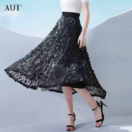 AUI黑色设计感高腰网纱半身裙2023女夏新款气质修身显瘦大摆伞裙图片
