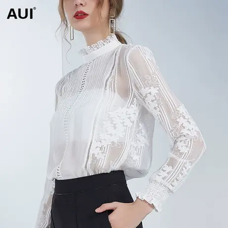 AUI欧洲站白色镂空真丝上衣女2022夏季新款设计感小众桑蚕丝衬衫商品大图