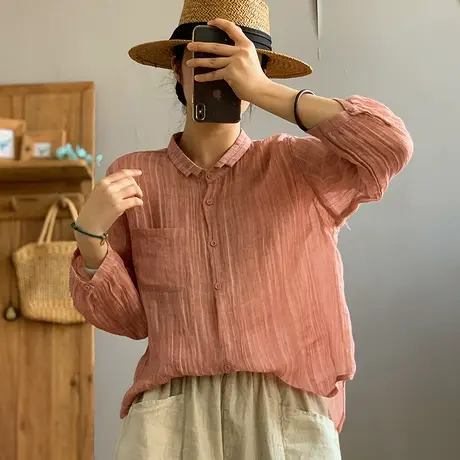 dza 文艺复古100支细支苎麻衬衫女春季新款宽松气质衬衣棉麻上衣图片