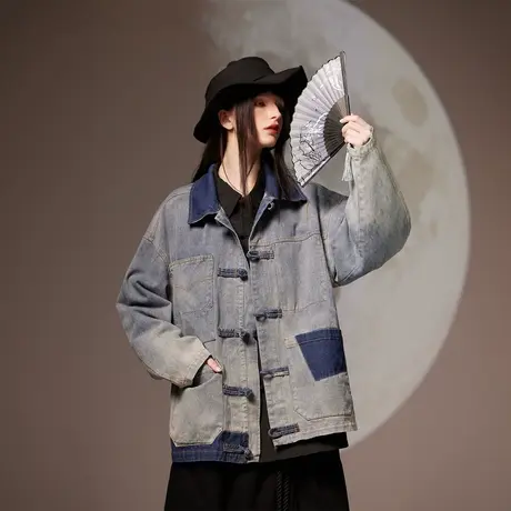 复古潮牌做旧补丁牛仔外套女2024春季新款宽松盘扣夹克新中式上衣商品大图