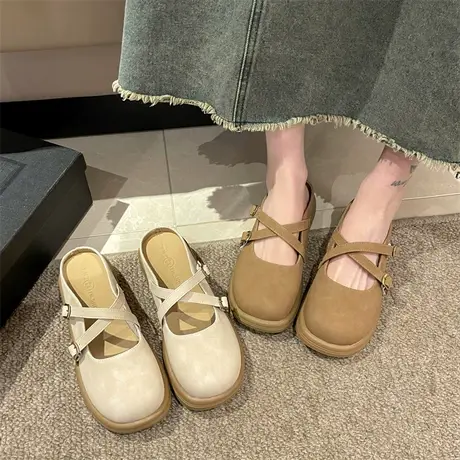 包头半拖鞋女外穿2024年春秋季新款复古百搭轻便通勤平底防滑单鞋商品大图