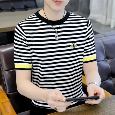 冰丝针织条纹圆领短袖t恤男夏季薄款潮牌半袖体恤青年休闲男上衣T商品大图