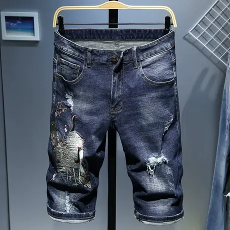 牛仔短裤男修身破洞马裤男士韩版潮流五分裤中裤刺绣花七分裤子男商品大图