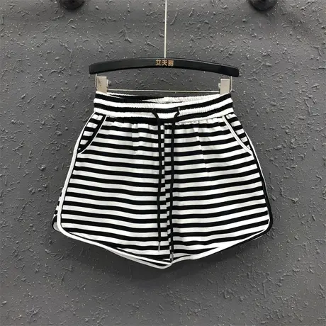 欧货韩系风休闲裤女2024春夏新款撞色条纹松紧腰洋气百搭阔腿短裤图片