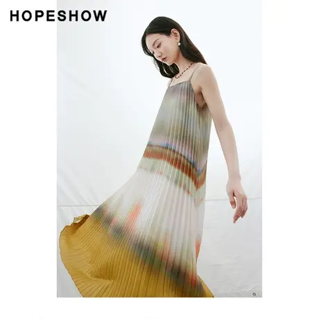 红袖设计感渐变压褶连衣裙hopeshow2024春季新款套头吊带高级长裙图片