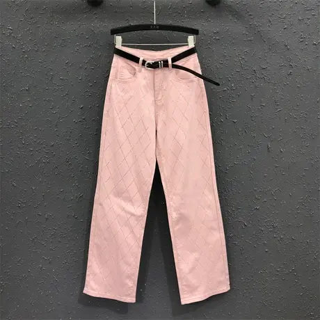 欧货重工烫钻直筒裤女24春夏新款粉色减龄时尚百搭牛仔烟管长裤潮图片