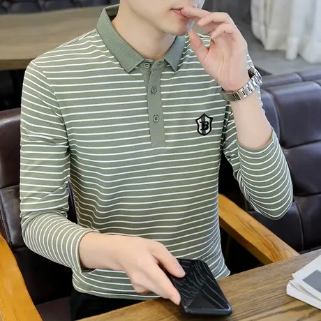 长袖翻领男士t恤秋季条纹休闲百搭POLO衫带领刺绣纯棉打底上衣潮商品大图