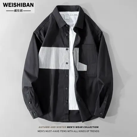 春季2023年新款纯棉长袖衬衫男港风ins设计感拼接贴布休闲衬衣潮图片