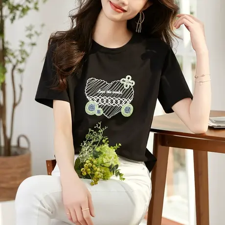 时尚气质刺绣印花T恤短袖2023年女士简约宽松圆领显瘦通勤上衣图片