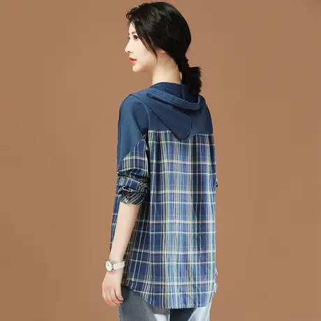 韩潮袭人连帽格子外套女秋装2023新款宽松中长款棒球服薄款衬衫图片