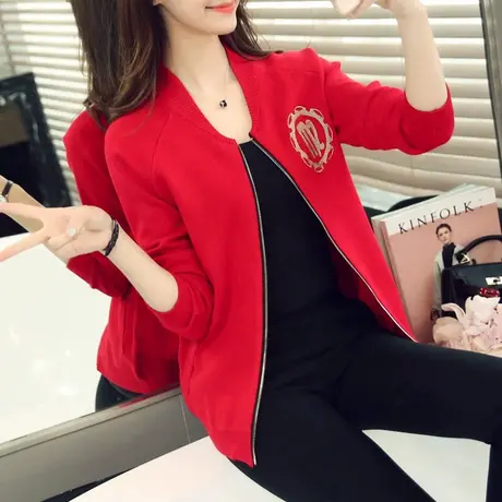 秋装新款针织衫长袖宽松春季毛衣外套女装春秋针织开衫短款棒球服商品大图