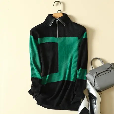 2022秋冬韩版拉链高领套头毛衣女士撞色拼接长袖针织衫百搭打底衫商品大图