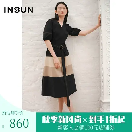 恩裳COVER2023年夏款新款新颖撞色拼接高支A摆弹力棉质衬衫连衣裙图片