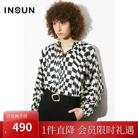 恩裳COVER2023年夏款新款摩登黑白棋盘格纹印花立体褶皱定型上衣商品大图